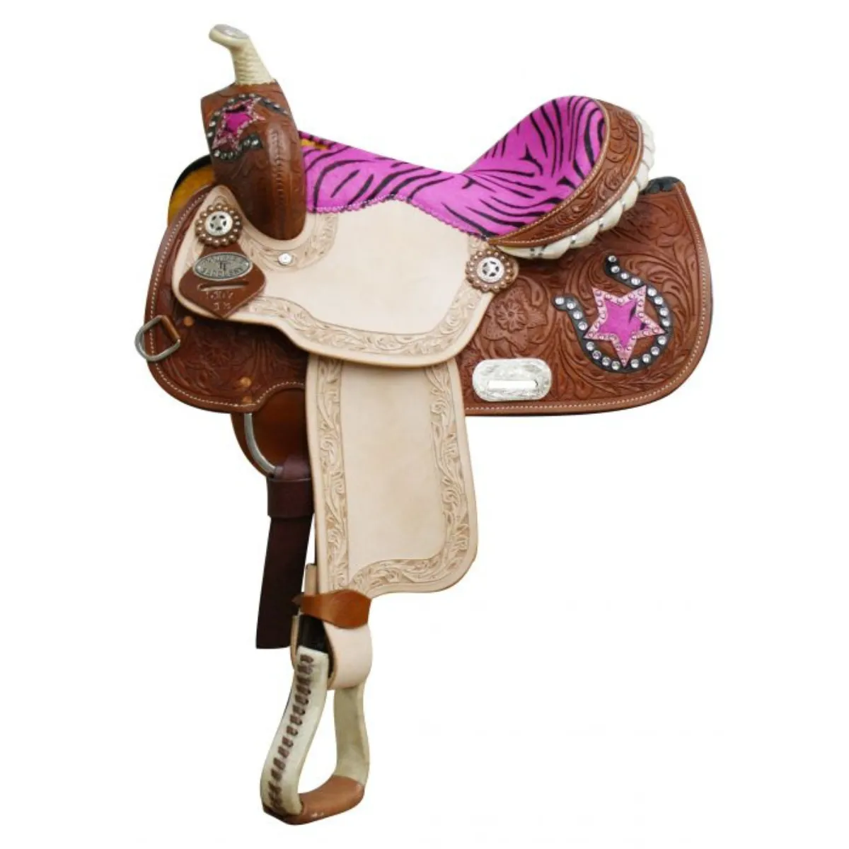 13" DOUBLE T YOUTH/ PONY SADDLE WITH HAIR ON ZEBRA PRINT SEAT AND HORSE SHOE AND STAR ACCE