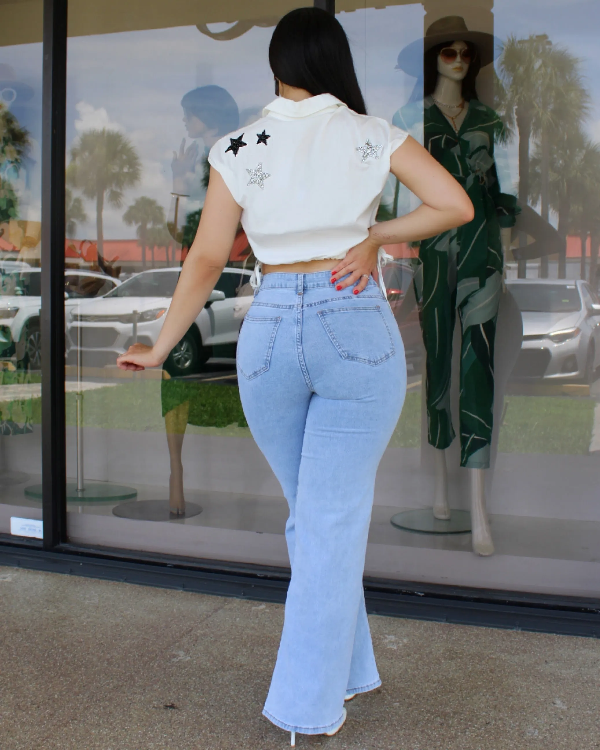A Piece Of Me Rhinestone Embelllish Denim Pants Light Blue