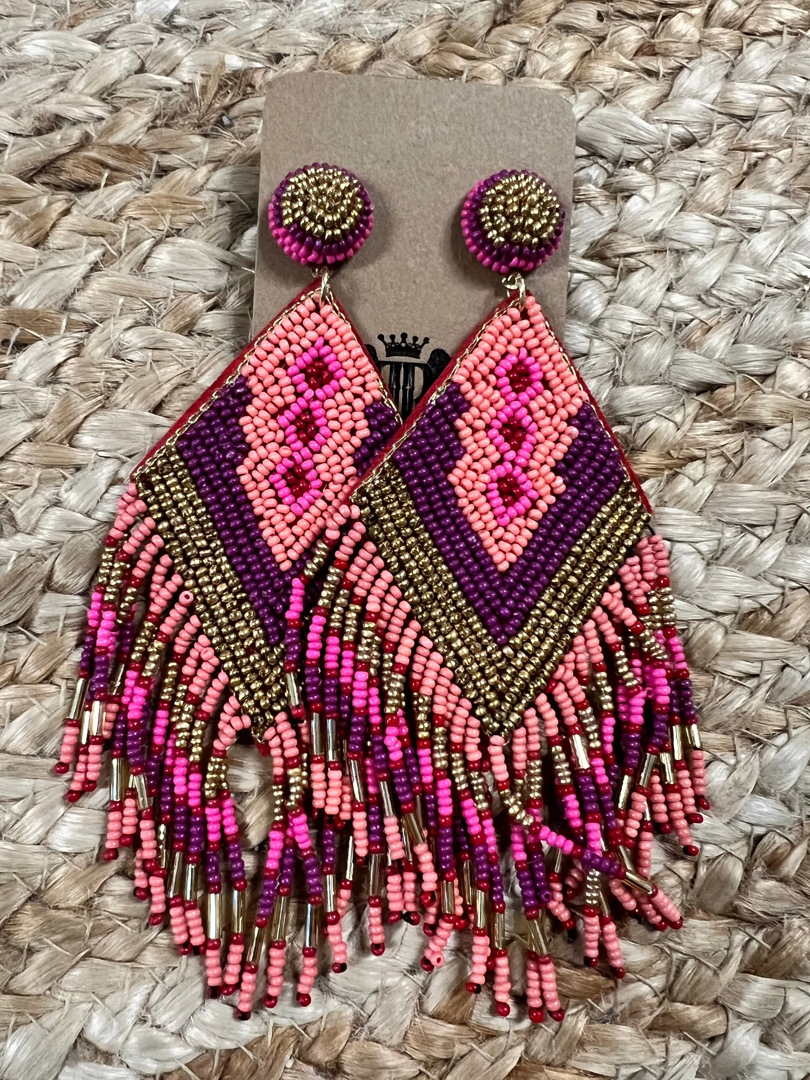 Beaded Rhombus   Tassel Earrings in Peach