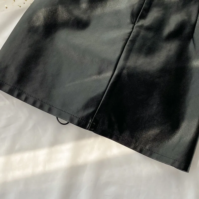 Black A line PU leather skirt    S31