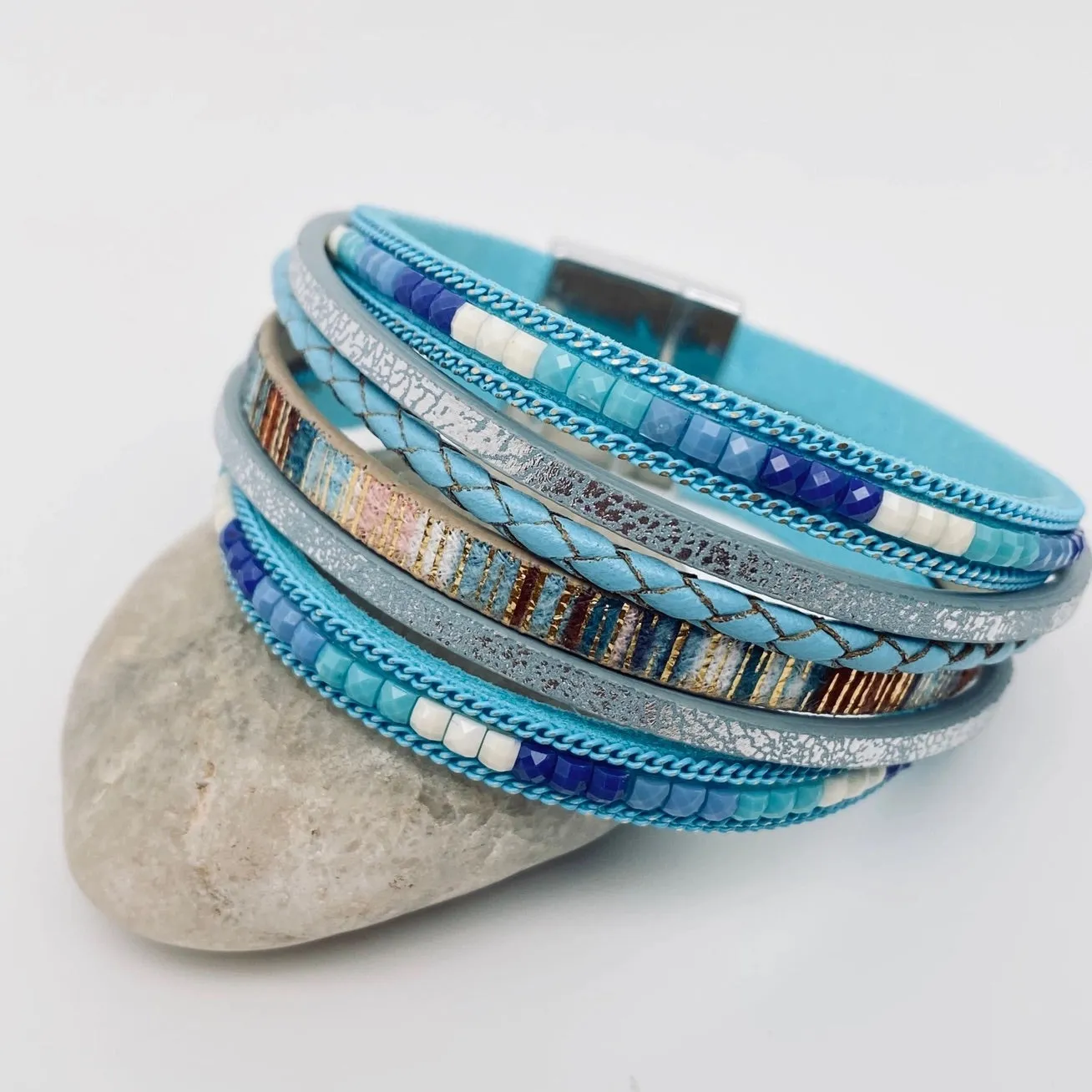 Blue Boho Magnetic Buckle Leather Bracelet