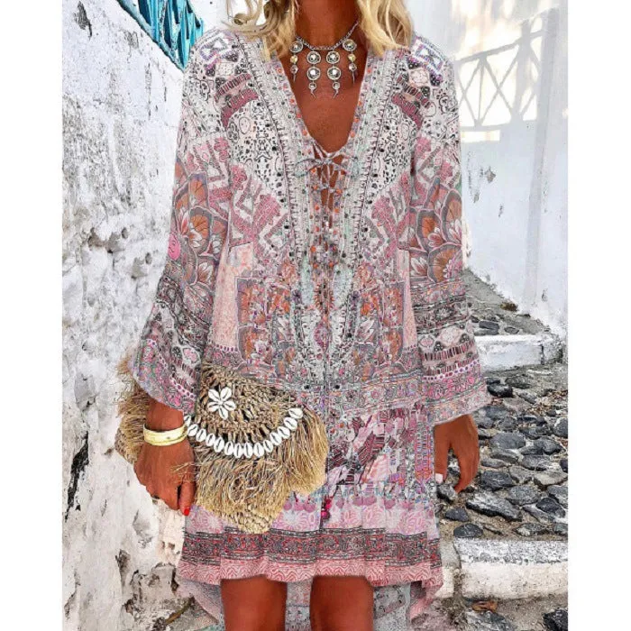 Casual Color Block V-Neckline Above Knee A-line Dress