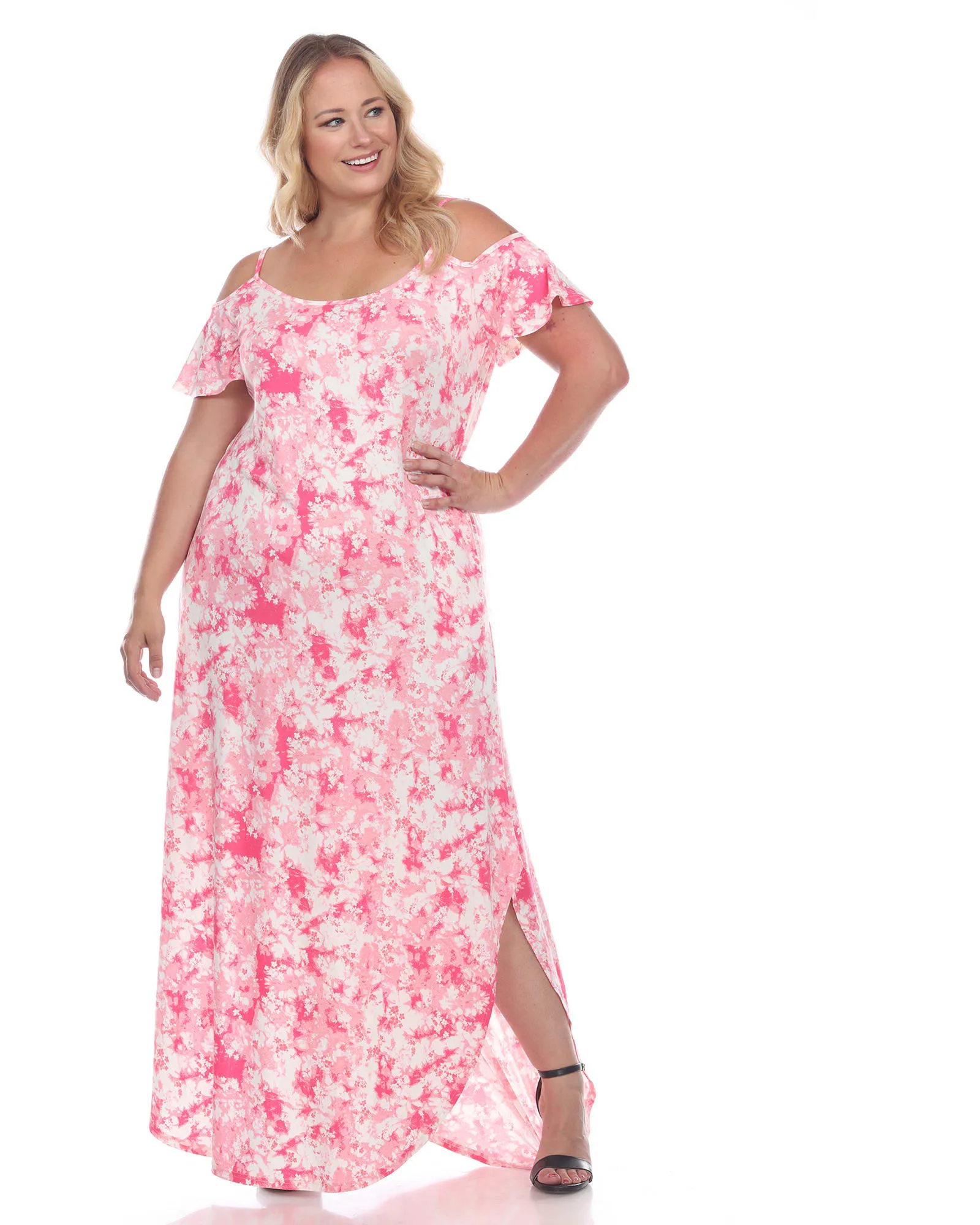 Cold Shoulder Tie-Dye Maxi Dress | Fuchsia/White