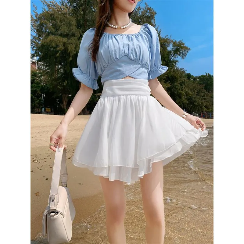 Cropped A-Line High-Waisted Pleated Midi Skirt Vitality Fluffy Skirt
