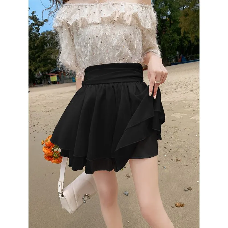 Cropped A-Line High-Waisted Pleated Midi Skirt Vitality Fluffy Skirt