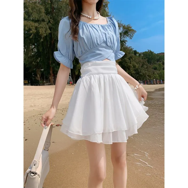 Cropped A-Line High-Waisted Pleated Midi Skirt Vitality Fluffy Skirt
