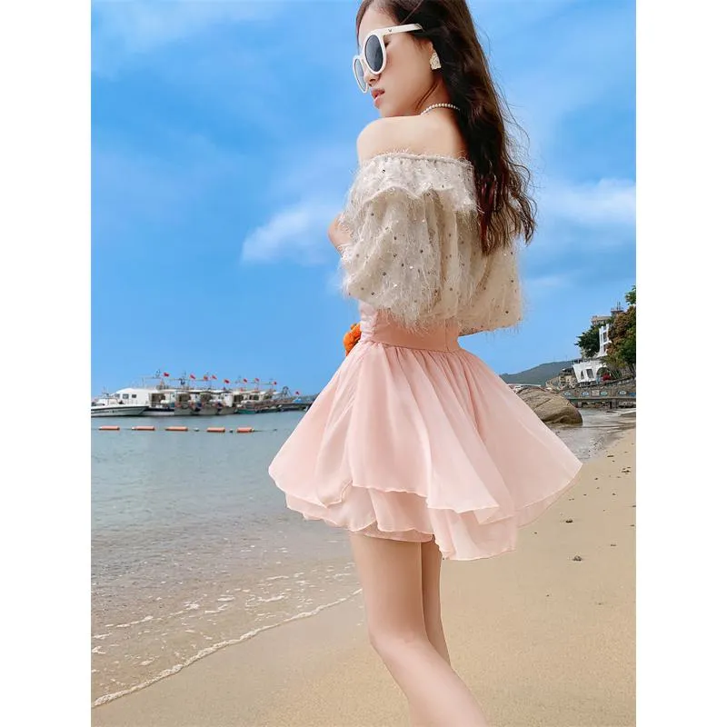Cropped A-Line High-Waisted Pleated Midi Skirt Vitality Fluffy Skirt