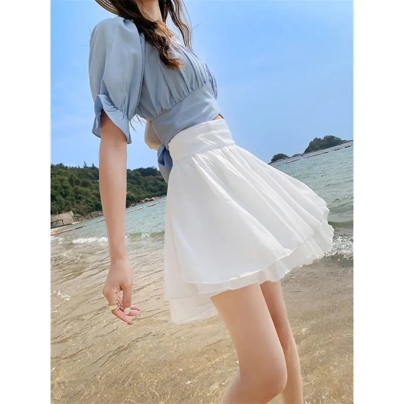 Cropped A-Line High-Waisted Pleated Midi Skirt Vitality Fluffy Skirt