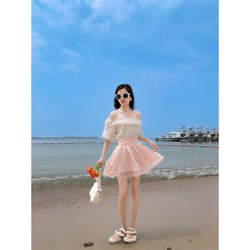 Cropped A-Line High-Waisted Pleated Midi Skirt Vitality Fluffy Skirt