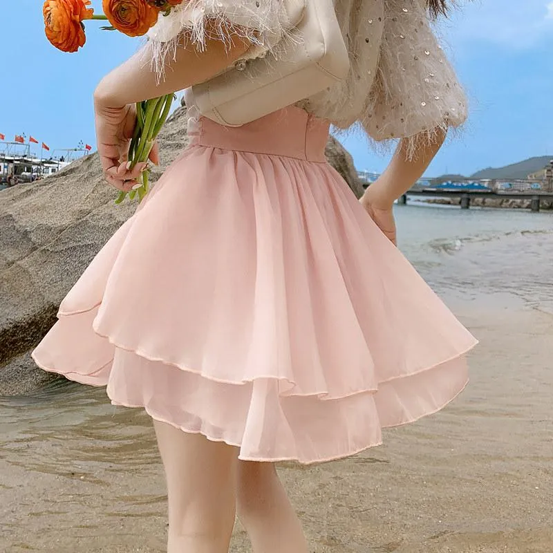 Cropped A-Line High-Waisted Pleated Midi Skirt Vitality Fluffy Skirt
