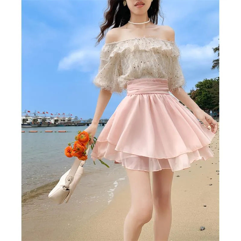 Cropped A-Line High-Waisted Pleated Midi Skirt Vitality Fluffy Skirt