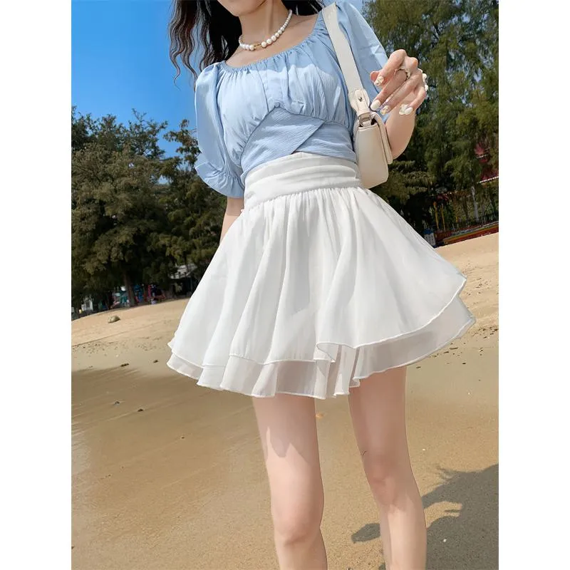 Cropped A-Line High-Waisted Pleated Midi Skirt Vitality Fluffy Skirt