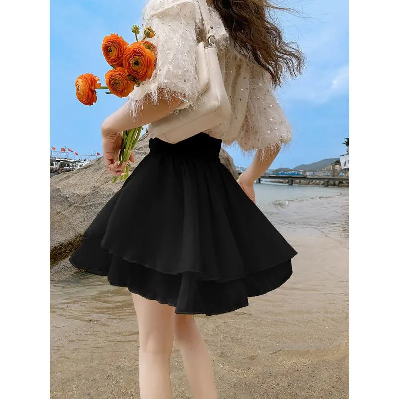 Cropped A-Line High-Waisted Pleated Midi Skirt Vitality Fluffy Skirt