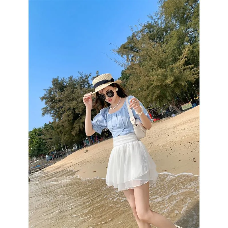 Cropped A-Line High-Waisted Pleated Midi Skirt Vitality Fluffy Skirt