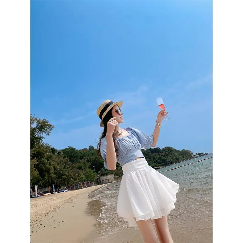 Cropped A-Line High-Waisted Pleated Midi Skirt Vitality Fluffy Skirt