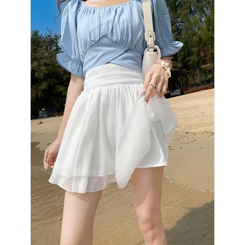 Cropped A-Line High-Waisted Pleated Midi Skirt Vitality Fluffy Skirt