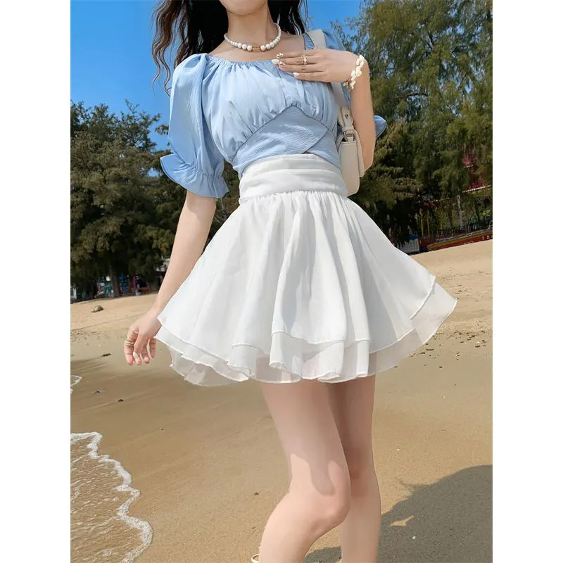 Cropped A-Line High-Waisted Pleated Midi Skirt Vitality Fluffy Skirt
