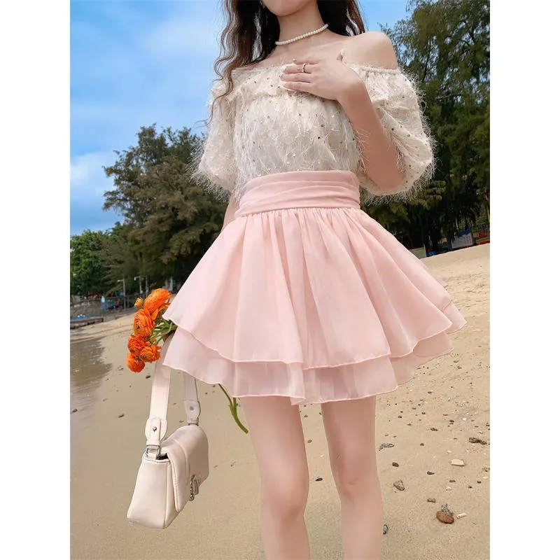 Cropped A-Line High-Waisted Pleated Midi Skirt Vitality Fluffy Skirt