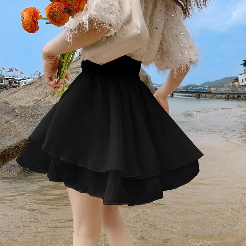Cropped A-Line High-Waisted Pleated Midi Skirt Vitality Fluffy Skirt