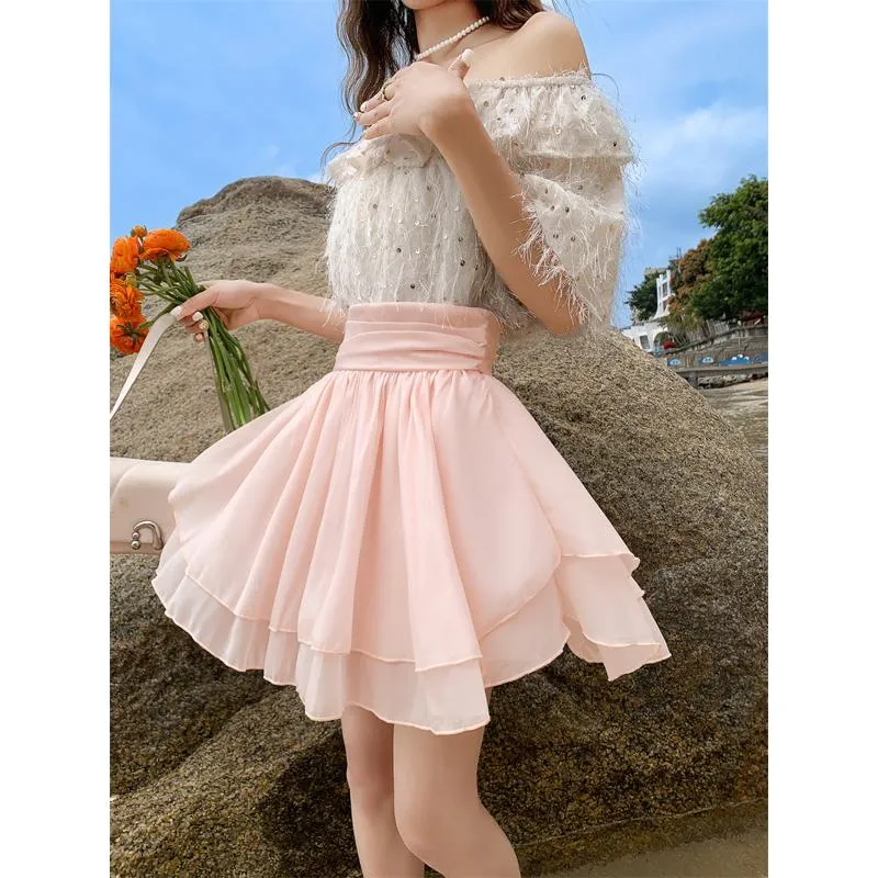 Cropped A-Line High-Waisted Pleated Midi Skirt Vitality Fluffy Skirt