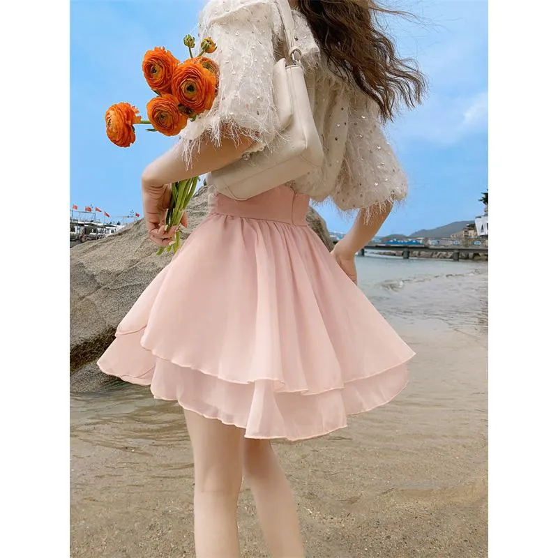 Cropped A-Line High-Waisted Pleated Midi Skirt Vitality Fluffy Skirt