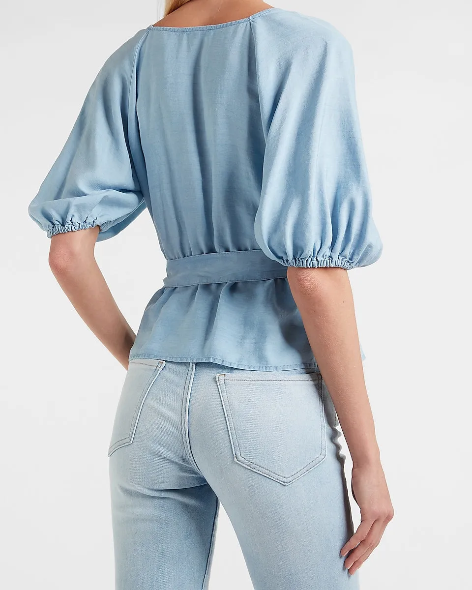 Denim Belted Puff Sleeve Wrap Front Top in Light Wash