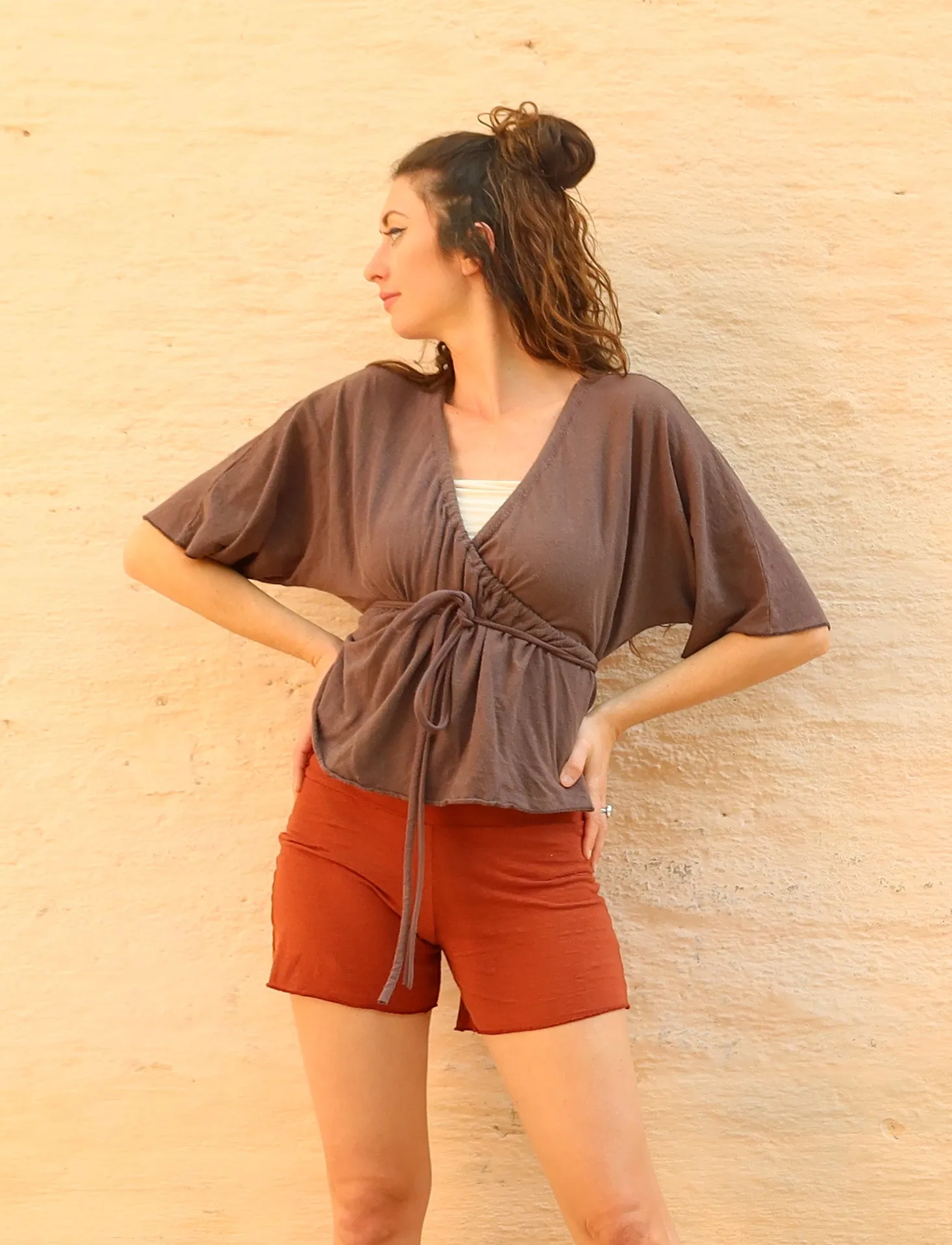 Drawstring Wrap Kimono Simplicity Cropped Shirt