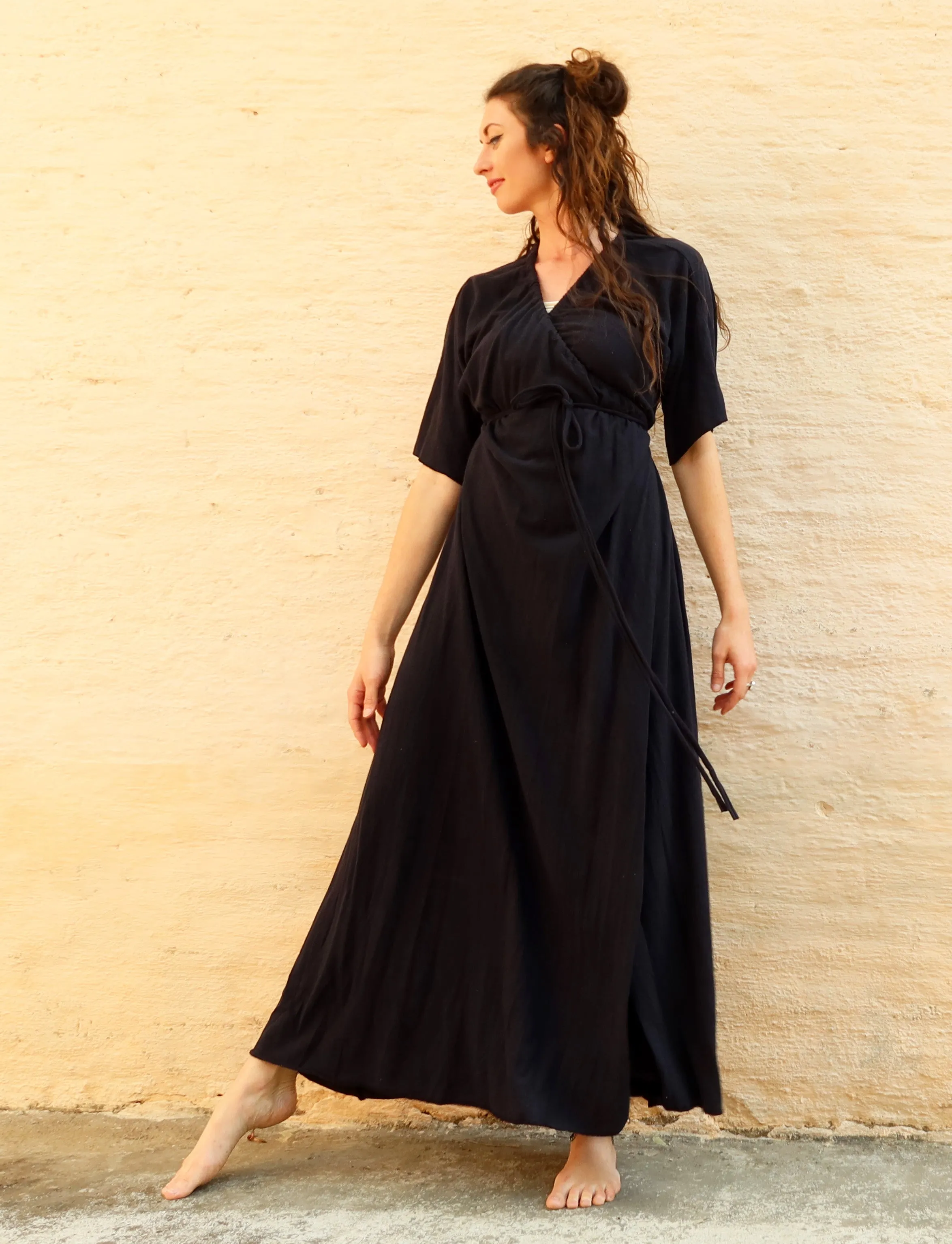 Drawstring Wrap Kimono Simplicity Long Dress
