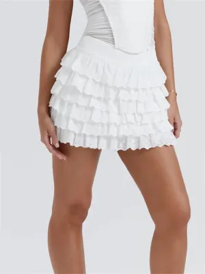 Fashion Mini Lace Layered Ruffles Elastic High Waist Short Summer Party Casual Streetwear Skirts