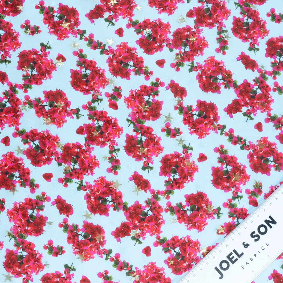 Fuchsia Pink Floral Printed Baby Blue Silk Jacquard