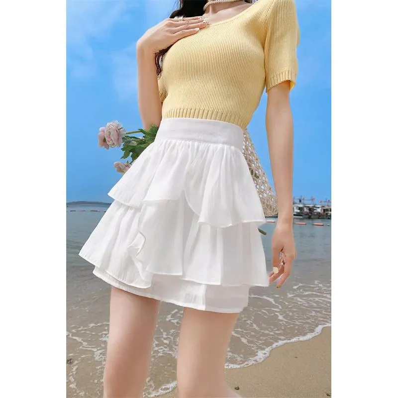 High-Waisted Ruffle Trim Petite Fluffy Skirt