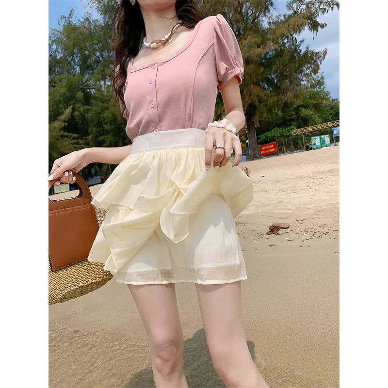 High-Waisted Ruffle Trim Petite Fluffy Skirt