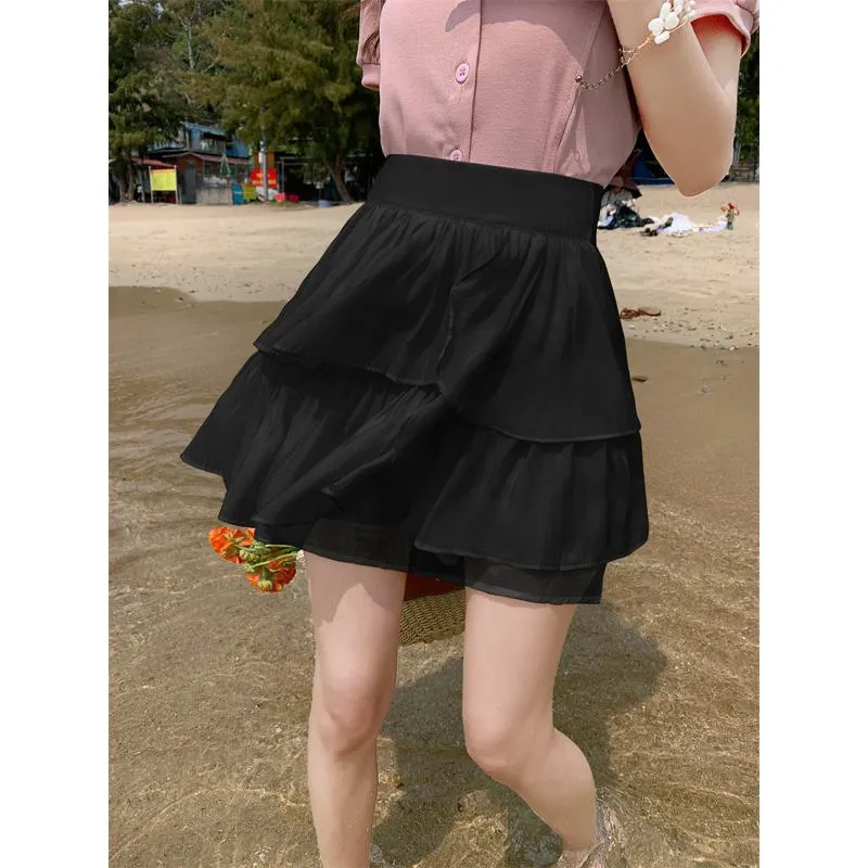 High-Waisted Ruffle Trim Petite Fluffy Skirt