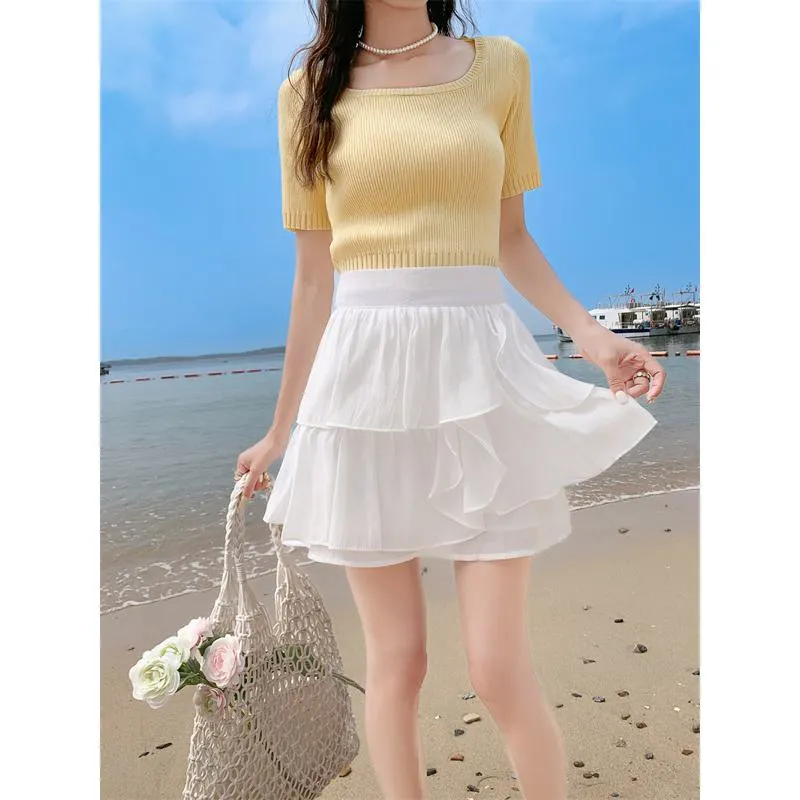 High-Waisted Ruffle Trim Petite Fluffy Skirt