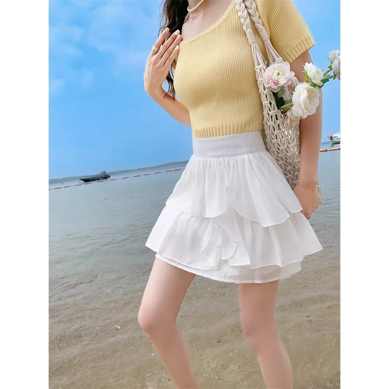 High-Waisted Ruffle Trim Petite Fluffy Skirt