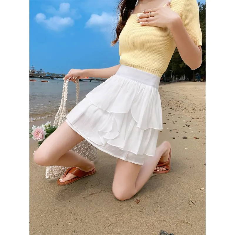 High-Waisted Ruffle Trim Petite Fluffy Skirt