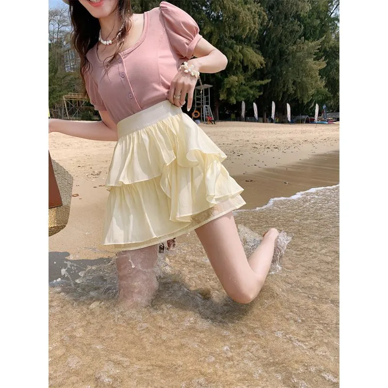 High-Waisted Ruffle Trim Petite Fluffy Skirt