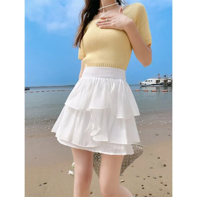 High-Waisted Ruffle Trim Petite Fluffy Skirt