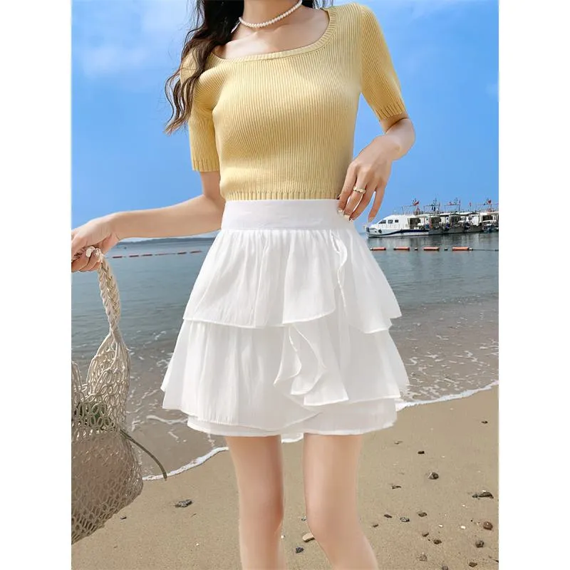 High-Waisted Ruffle Trim Petite Fluffy Skirt