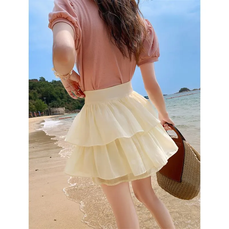 High-Waisted Ruffle Trim Petite Fluffy Skirt