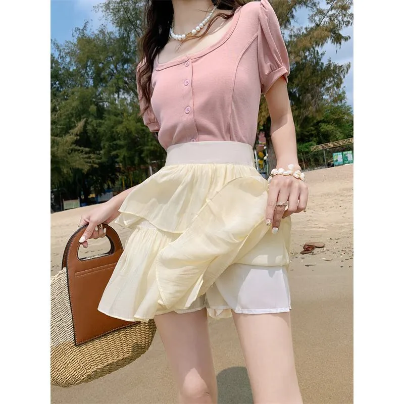 High-Waisted Ruffle Trim Petite Fluffy Skirt