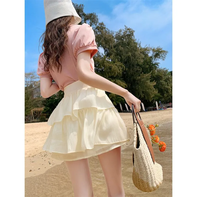 High-Waisted Ruffle Trim Petite Fluffy Skirt