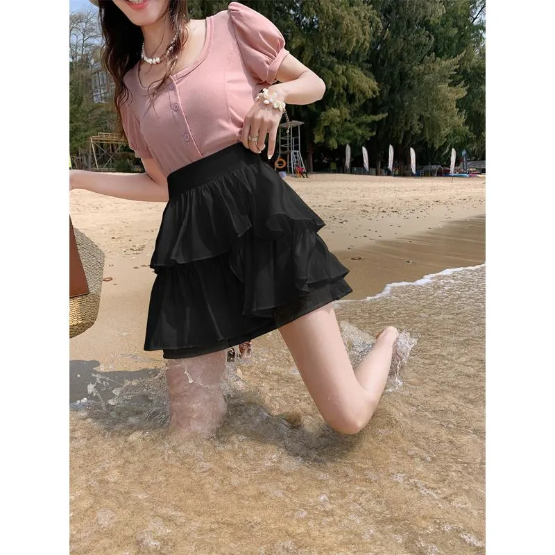 High-Waisted Ruffle Trim Petite Fluffy Skirt