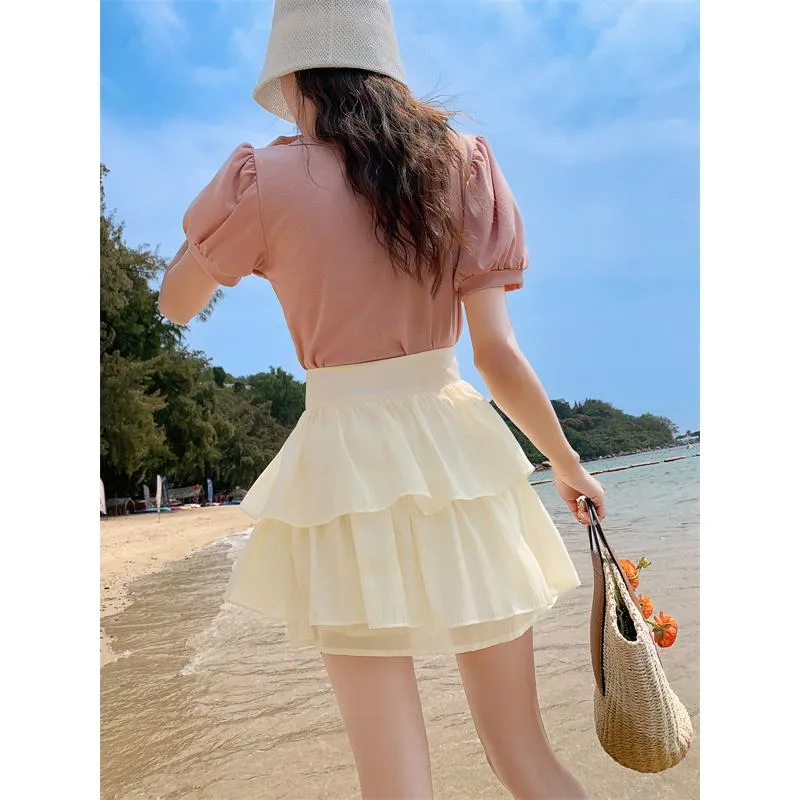 High-Waisted Ruffle Trim Petite Fluffy Skirt