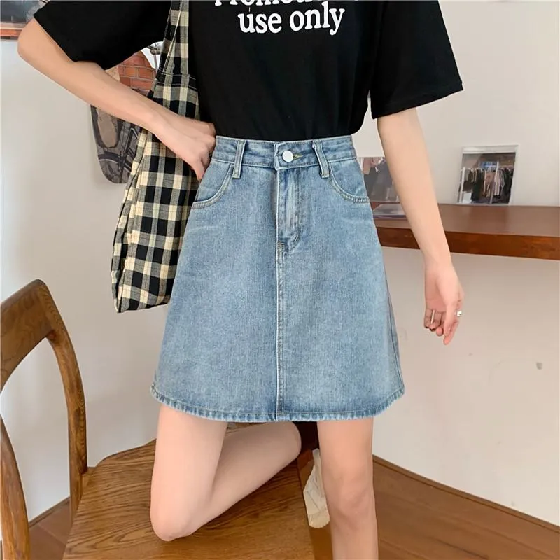 High-Waisted Versatile Embroidery A-Line Denim Skirt