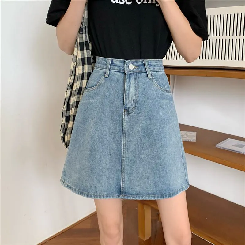 High-Waisted Versatile Embroidery A-Line Denim Skirt