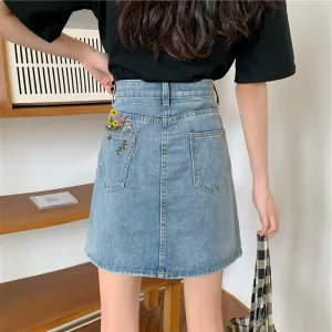 High-Waisted Versatile Embroidery A-Line Denim Skirt
