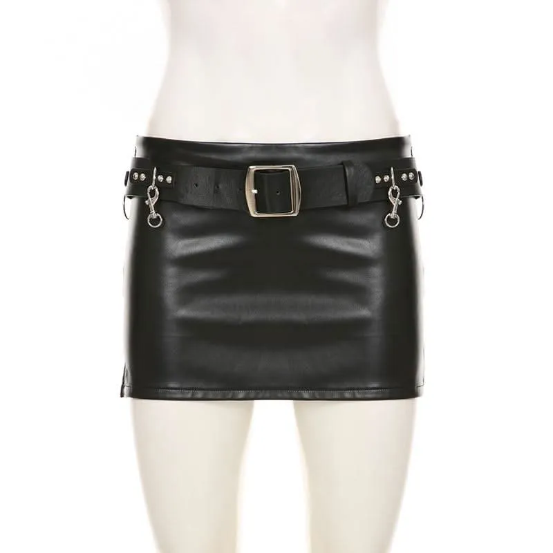 PU leather belt buckle mini skirt