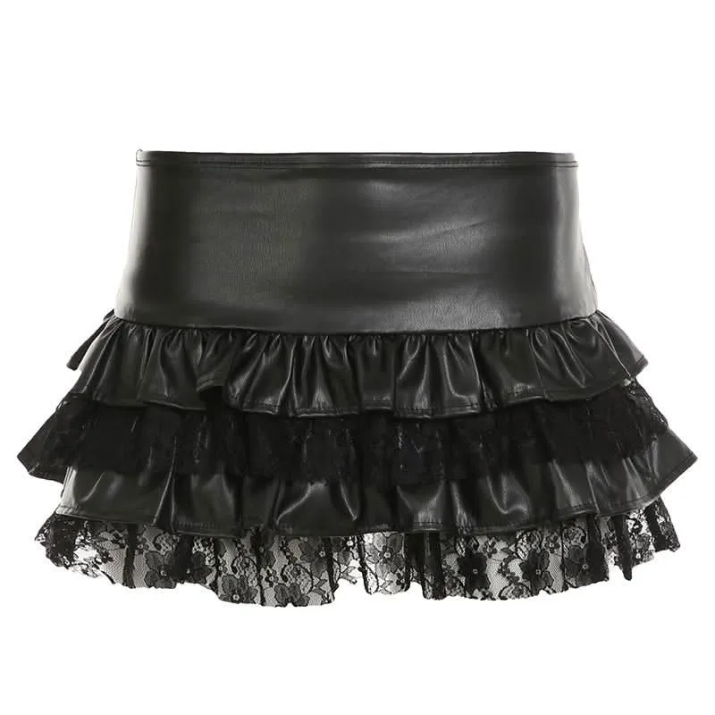 PU leather lace patchwork ruched mini skirt