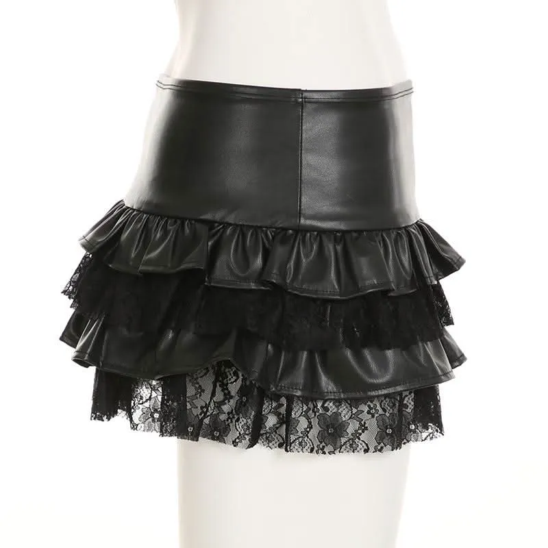 PU leather lace patchwork ruched mini skirt